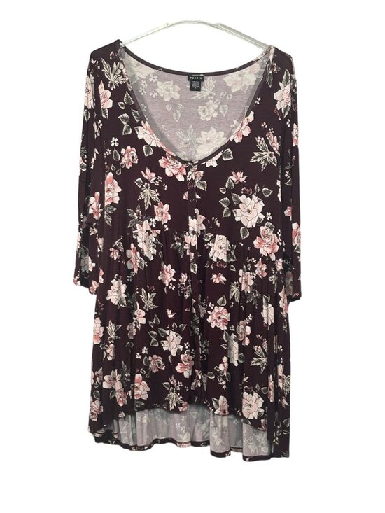 torrid Dresses & Skirts - Torrid Womens Tunic Dress Burgundy Floral Size 4 Stretch Jersey 3/4 Sleeve